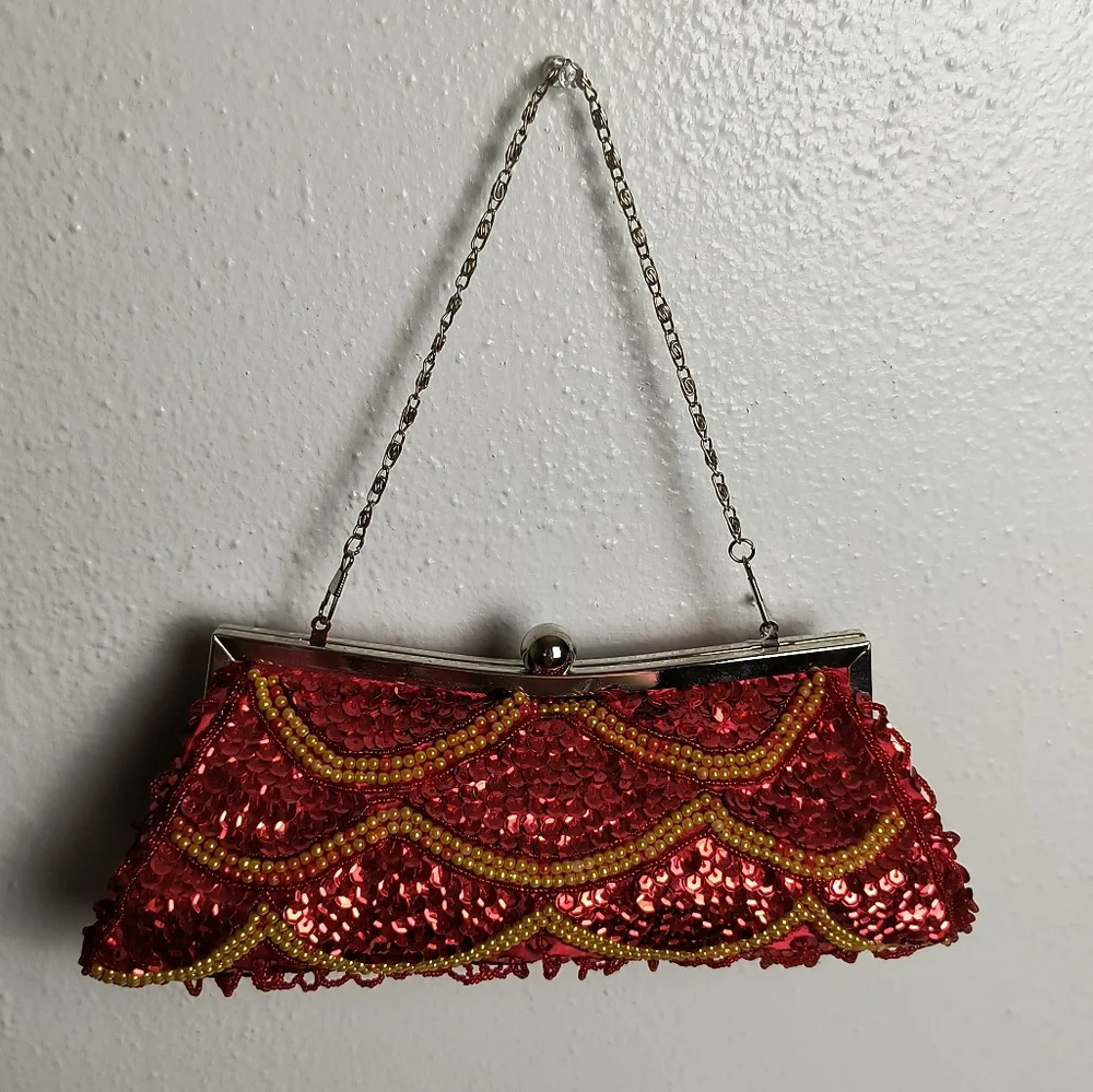 Evening Sequin Satin Mini Bag Beads Clutch Kiss Lock Red Metal Two Strap_11